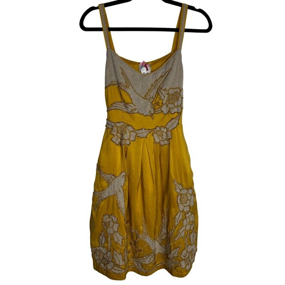 Yoana Baraschi Yellow Silk Sz 10 Sundress Bird & Floral Embroidery Boho Fairy - Picture 2 of 12